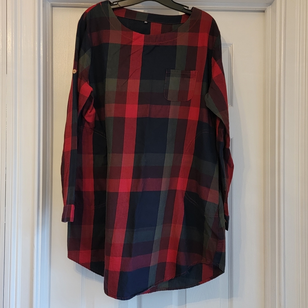 Plaid Long Sleeve T-shirt Dress with Pockets XXL
